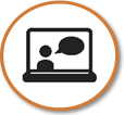 Symbol eines Laptops, auf dem Bildschirm des Laptops ist eine grafisch dargestellte Person mit Sprechblase zu erkennen