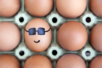 Ein Karton mit Eiern ist zu sehen. Ein Ei trägt eine Sonnenbrille und lächelt