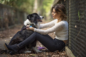 Eine Tierpsychologin sitzt ihrem Hund in einem Park gegenüber und streichelt sein schwarz-weißes Fell